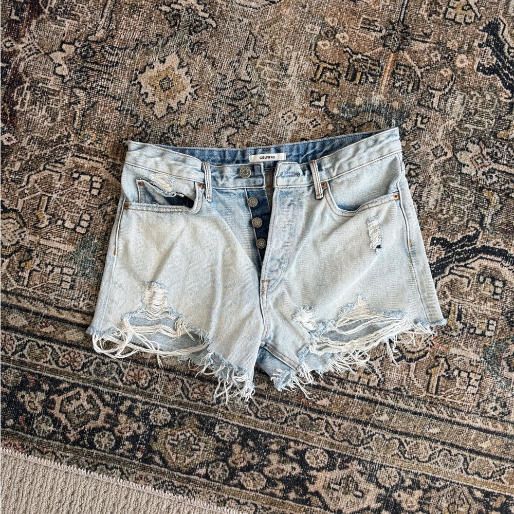 GRLFRND Light Blue Distressed Jean Shorts